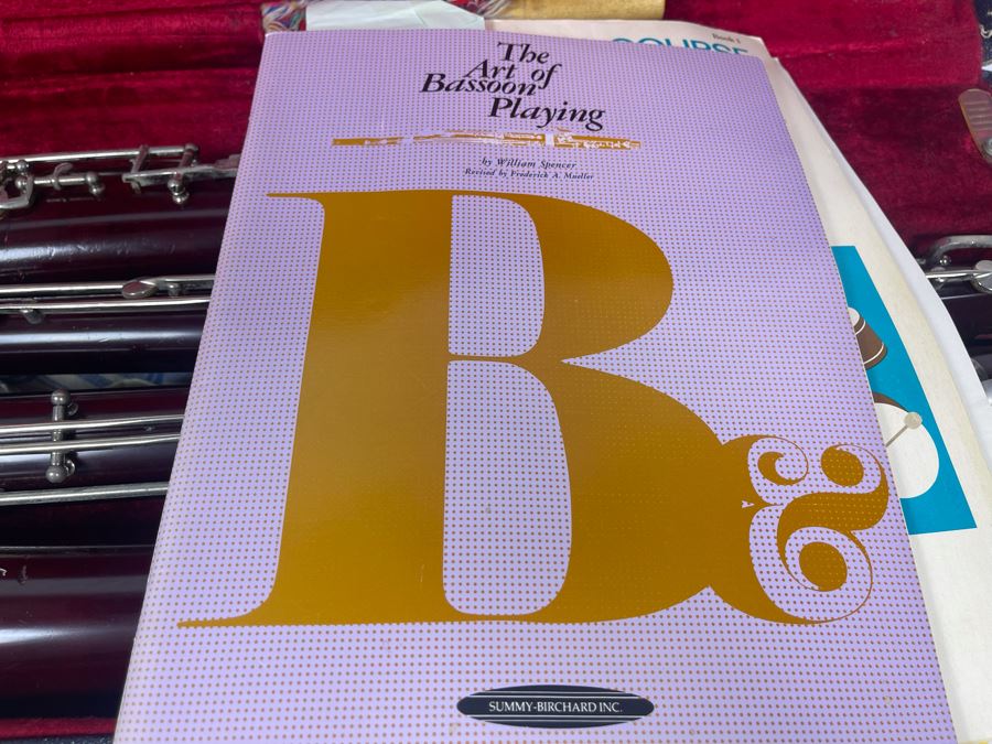 Lesher Bassoon Elkhart Indiana Marked 2102 With Case Marked NDSU Band And Bassoon Lesson Musical Books [Photo 12]