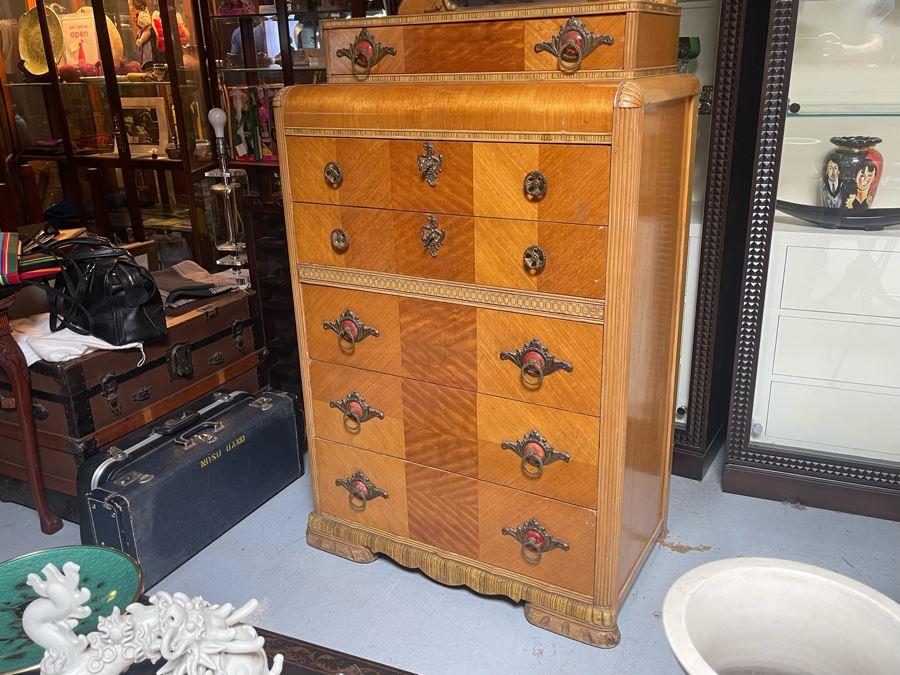 Vintage Art Deco Bureau Chest Of Drawers Dresser With Small Mirror 34W X 19D X 61H [Photo 5]