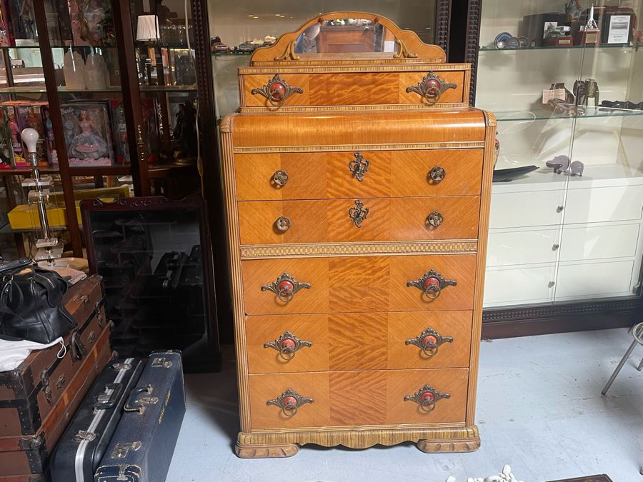 Vintage Art Deco Bureau Chest Of Drawers Dresser With Small Mirror 34W X 19D X 61H [Photo 3]