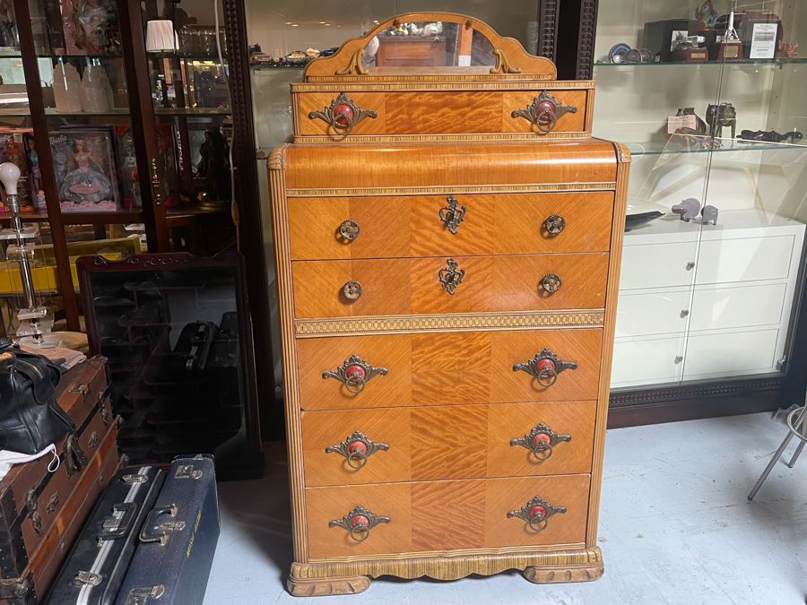 Vintage Art Deco Bureau Chest Of Drawers Dresser With Small Mirror 34W X 19D X 61H [Photo 2]