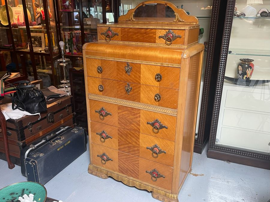 Vintage Art Deco Bureau Chest Of Drawers Dresser With Small Mirror 34W X 19D X 61H [Photo 4]