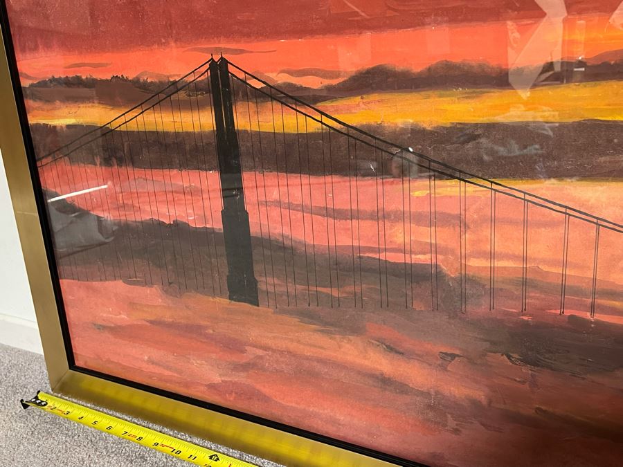 Large Original Julia Zhuying Chu Watercolor Painting Of The Golden Gate Bridge In San Francisco 71 X 24 (Photos Show Background Reflection) [Photo 6]