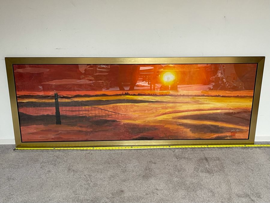 Large Original Julia Zhuying Chu Watercolor Painting Of The Golden Gate Bridge In San Francisco 71 X 24 (Photos Show Background Reflection) [Photo 4]