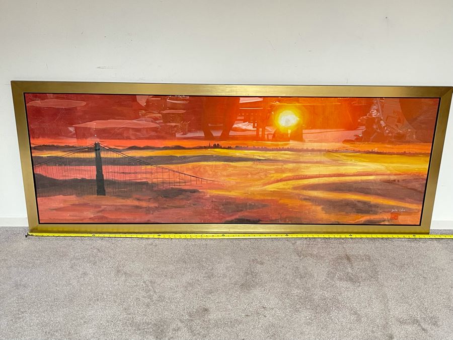 Large Original Julia Zhuying Chu Watercolor Painting Of The Golden Gate Bridge In San Francisco 71 X 24 (Photos Show Background Reflection) [Photo 1]