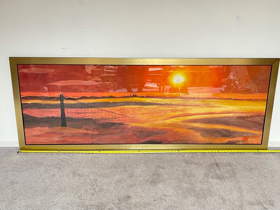 Large Original Julia Zhuying Chu Watercolor Painting Of The Golden Gate Bridge In San Francisco 71 X 24 (Photos Show Background Reflection) [Photo 3]