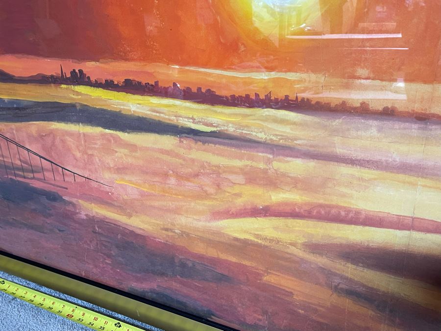 Large Original Julia Zhuying Chu Watercolor Painting Of The Golden Gate Bridge In San Francisco 71 X 24 (Photos Show Background Reflection) [Photo 7]