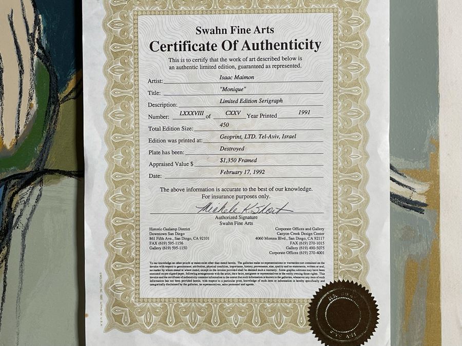 Isaac Maimon Limited Edition Serigraph Titled 'Monique' Hand Signed With COA 27 X 37 Appraised At $1,350 [Photo 14]