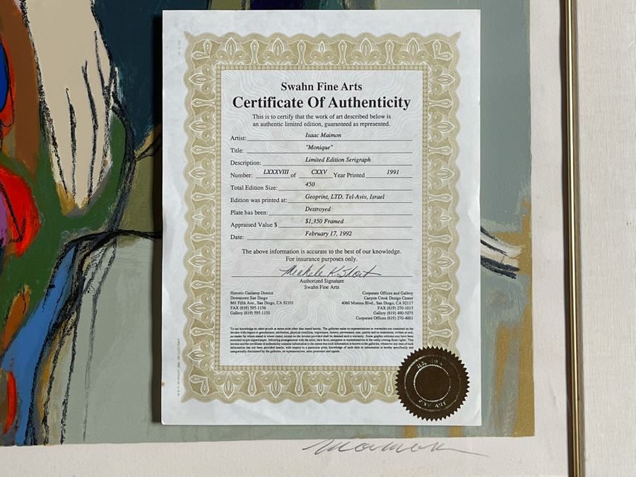 Isaac Maimon Limited Edition Serigraph Titled 'Monique' Hand Signed With COA 27 X 37 Appraised At $1,350 [Photo 13]