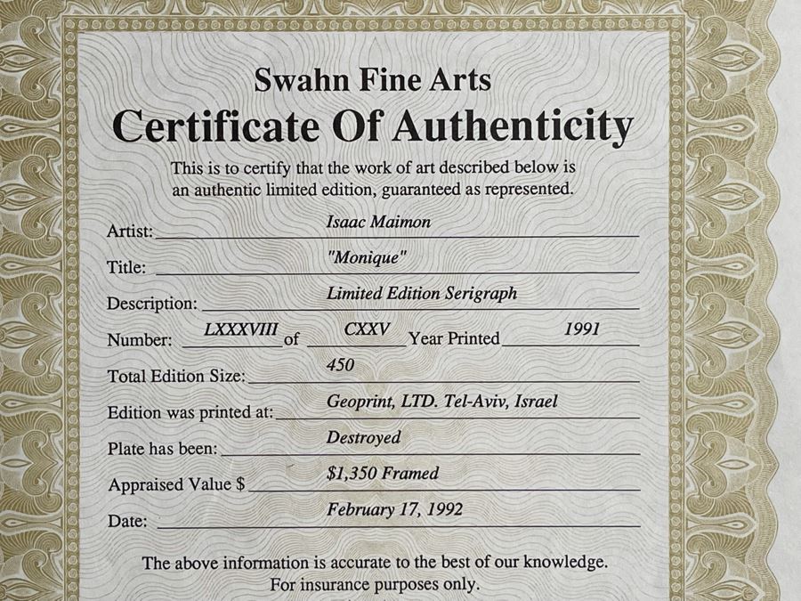 Isaac Maimon Limited Edition Serigraph Titled 'Monique' Hand Signed With COA 27 X 37 Appraised At $1,350 [Photo 15]