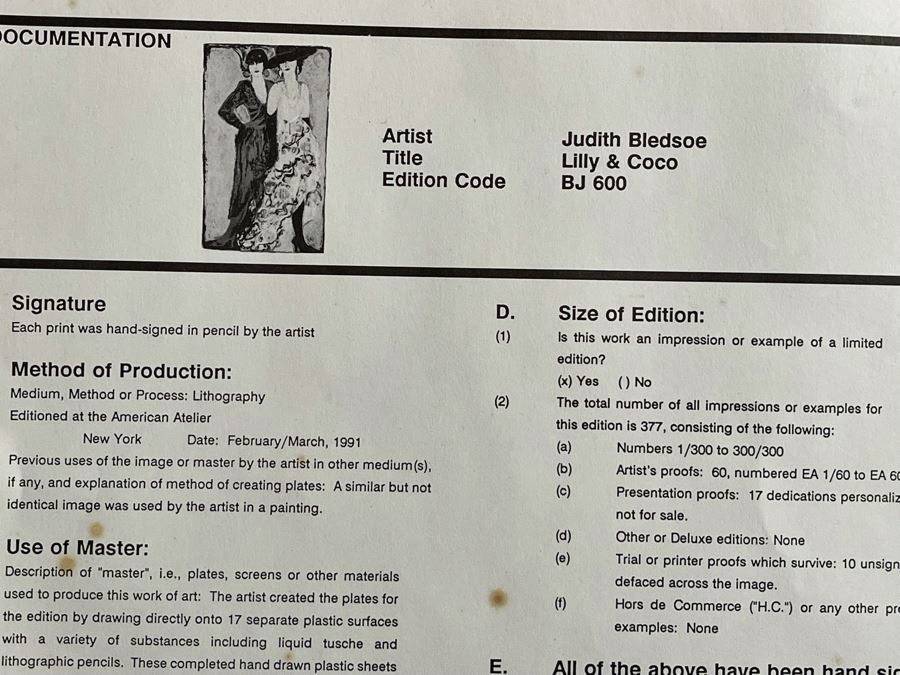 Judith Bledsoe Limited Edition Lithograph Titled 'Lilly & Coco' Hand Signed With Documentation 271 Of 300 51 X 30 [Photo 10]