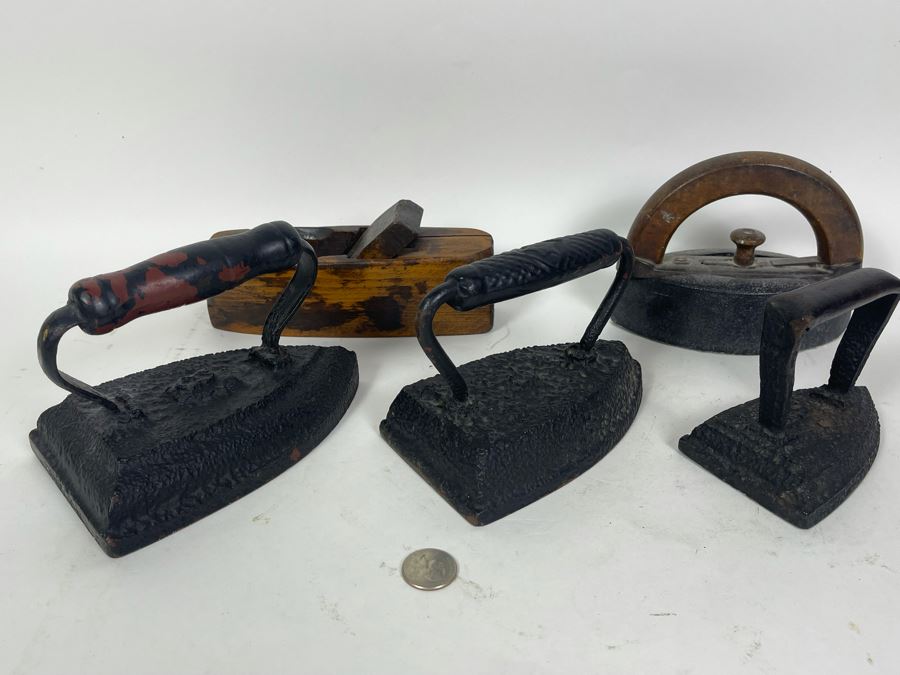 Four Vintage Metal Irons And Old Wooden Plane [Photo 3]
