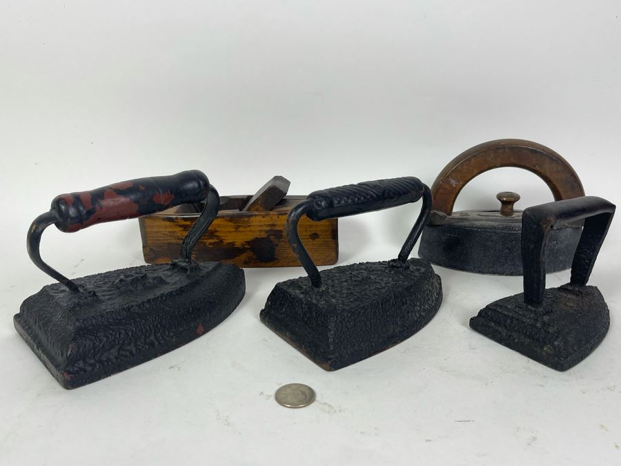 Four Vintage Metal Irons And Old Wooden Plane [Photo 2]