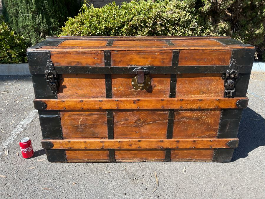 Oversized Wooden And Metal Trunk Made By Great Western Trunk Manufactory Milwaukee, WI 44W X 24D X 28H