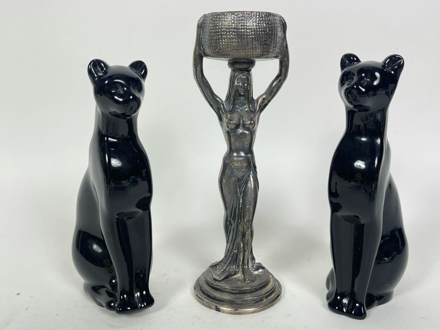 Pair Of Vintage Black Baccarat Egyptian Cats Figurines 6H And Silverplate Egyptian Revival Sculpture 7.5H [Photo 3]