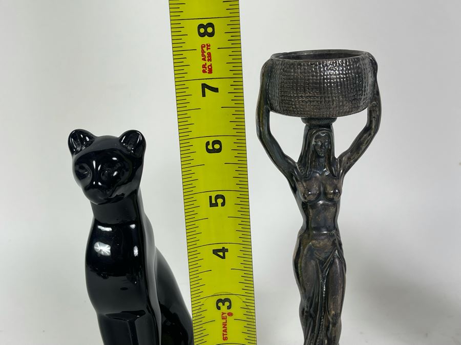 Pair Of Vintage Black Baccarat Egyptian Cats Figurines 6H And Silverplate Egyptian Revival Sculpture 7.5H [Photo 11]