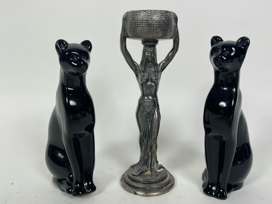 Pair Of Vintage Black Baccarat Egyptian Cats Figurines 6H And Silverplate Egyptian Revival Sculpture 7.5H [Photo 2]