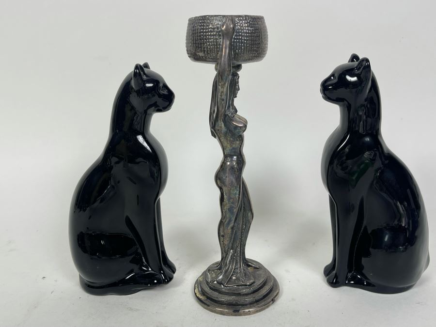 Pair Of Vintage Black Baccarat Egyptian Cats Figurines 6H And Silverplate Egyptian Revival Sculpture 7.5H [Photo 6]