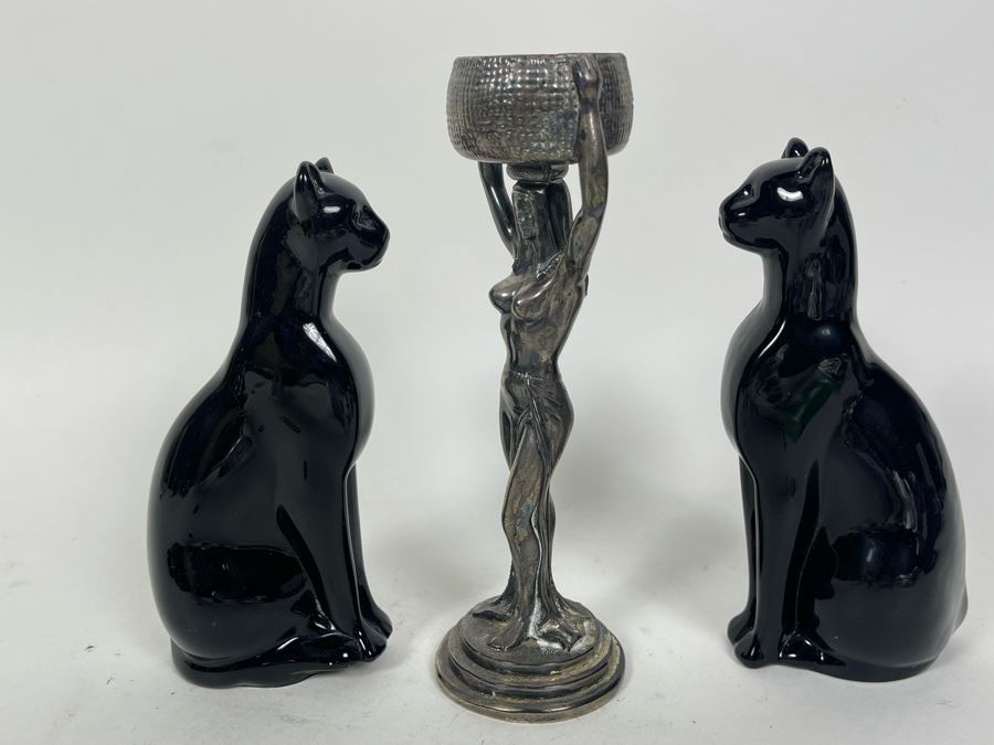 Pair Of Vintage Black Baccarat Egyptian Cats Figurines 6H And Silverplate Egyptian Revival Sculpture 7.5H [Photo 1]