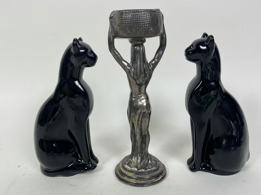 Pair Of Vintage Black Baccarat Egyptian Cats Figurines 6H And Silverplate Egyptian Revival Sculpture 7.5H [Photo 5]