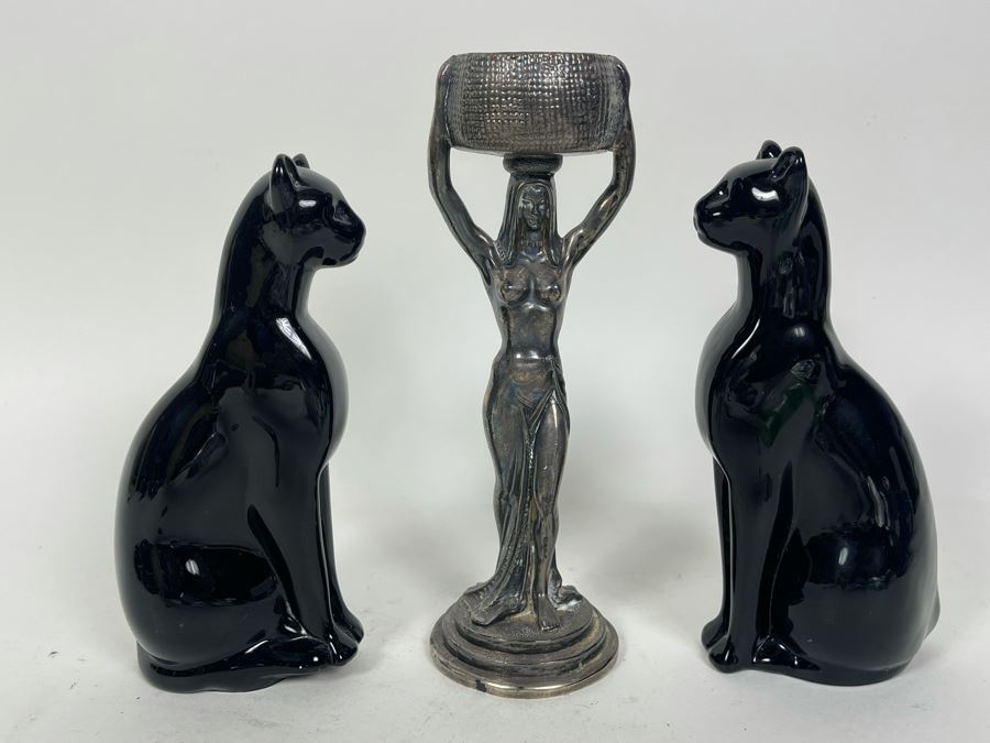 Pair Of Vintage Black Baccarat Egyptian Cats Figurines 6H And Silverplate Egyptian Revival Sculpture 7.5H [Photo 4]