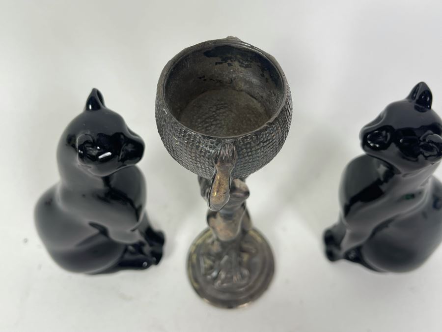 Pair Of Vintage Black Baccarat Egyptian Cats Figurines 6H And Silverplate Egyptian Revival Sculpture 7.5H [Photo 7]