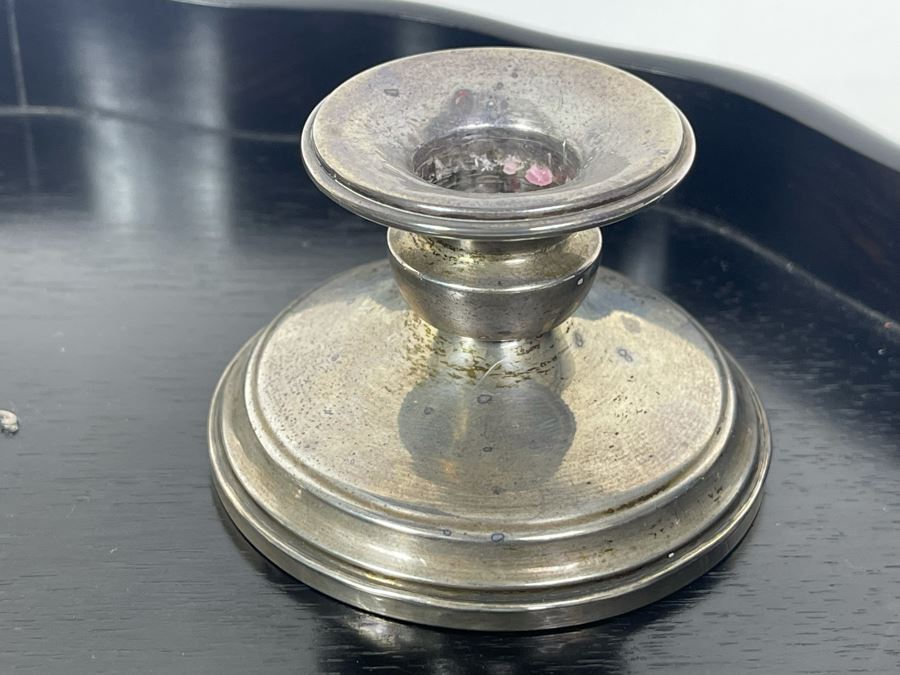 Black Wooden Tray With Hallmarked Sterling Silver R In Center 13 X 9 And Pair Of Sterling Silver Weighted Candle Holders [Photo 6]