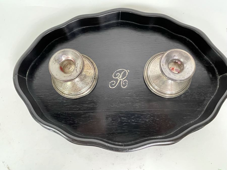 Black Wooden Tray With Hallmarked Sterling Silver R In Center 13 X 9 And Pair Of Sterling Silver Weighted Candle Holders [Photo 3]