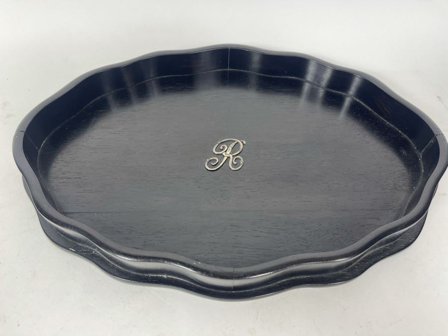 Black Wooden Tray With Hallmarked Sterling Silver R In Center 13 X 9 And Pair Of Sterling Silver Weighted Candle Holders [Photo 8]