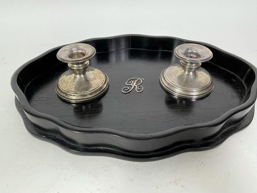 Black Wooden Tray With Hallmarked Sterling Silver R In Center 13 X 9 And Pair Of Sterling Silver Weighted Candle Holders [Photo 1]