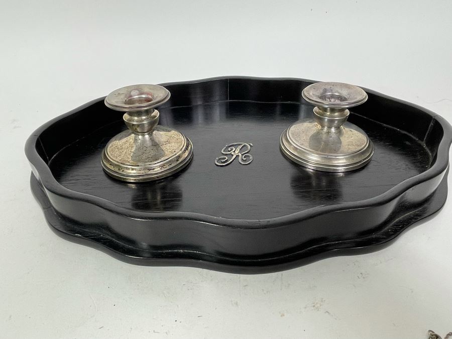 Black Wooden Tray With Hallmarked Sterling Silver R In Center 13 X 9 And Pair Of Sterling Silver Weighted Candle Holders [Photo 2]
