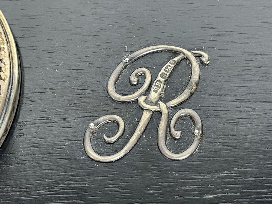 Black Wooden Tray With Hallmarked Sterling Silver R In Center 13 X 9 And Pair Of Sterling Silver Weighted Candle Holders [Photo 4]