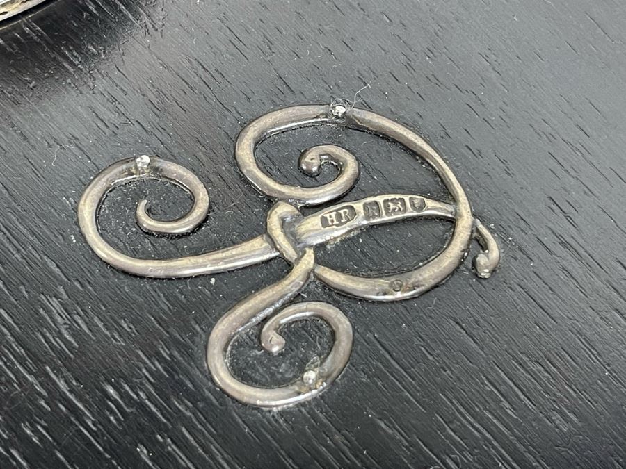 Black Wooden Tray With Hallmarked Sterling Silver R In Center 13 X 9 And Pair Of Sterling Silver Weighted Candle Holders [Photo 5]