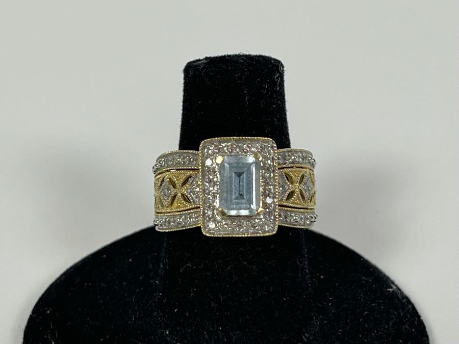 14K Gold Aquamarine Diamond Ring Size 6.75 4.2g [Photo 3]