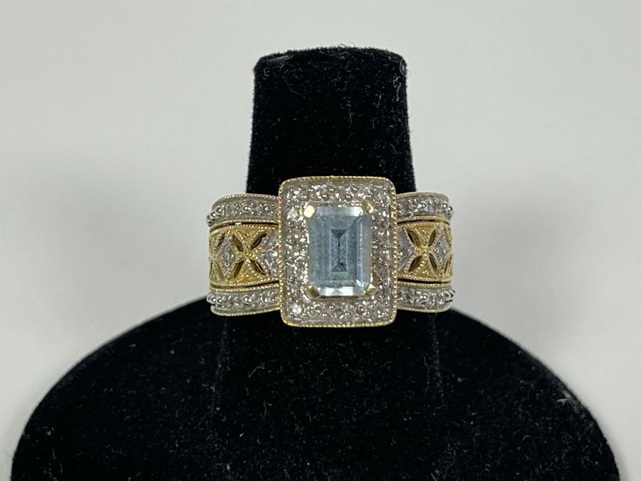 14K Gold Aquamarine Diamond Ring Size 6.75 4.2g