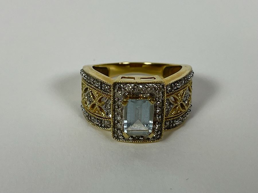14K Gold Aquamarine Diamond Ring Size 6.75 4.2g [Photo 10]