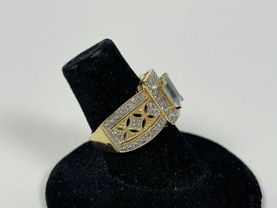 14K Gold Aquamarine Diamond Ring Size 6.75 4.2g [Photo 5]