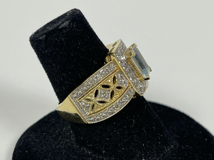 14K Gold Aquamarine Diamond Ring Size 6.75 4.2g [Photo 6]