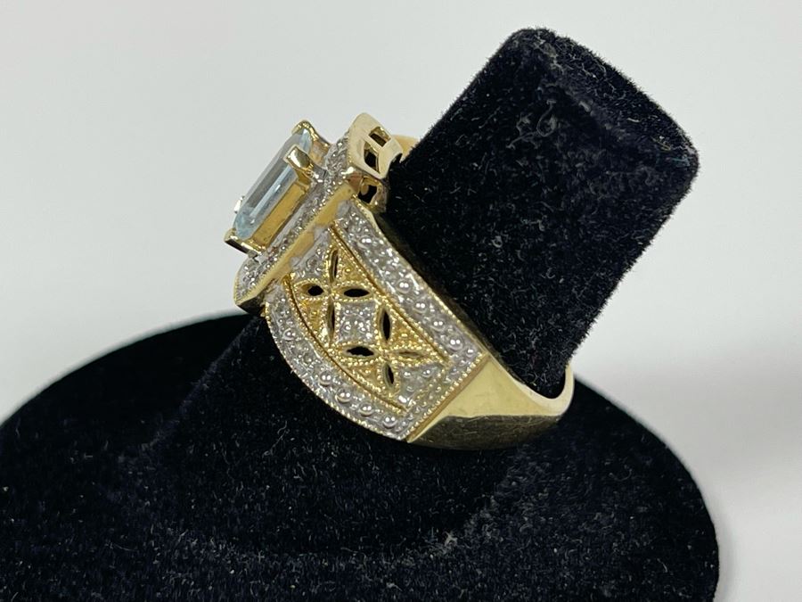 14K Gold Aquamarine Diamond Ring Size 6.75 4.2g [Photo 7]