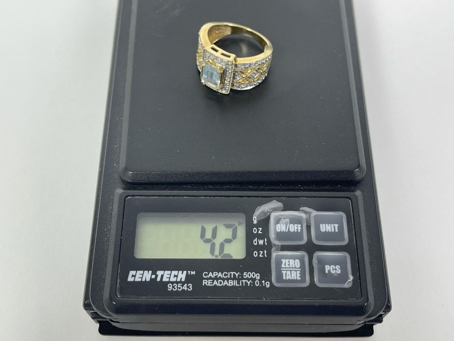 14K Gold Aquamarine Diamond Ring Size 6.75 4.2g [Photo 12]
