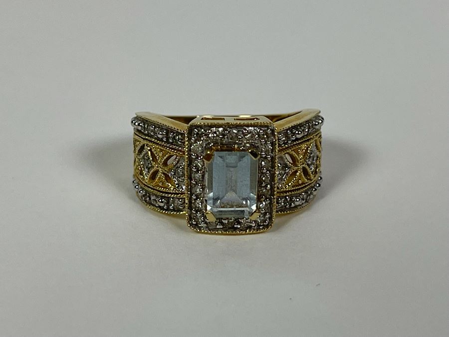 14K Gold Aquamarine Diamond Ring Size 6.75 4.2g [Photo 9]