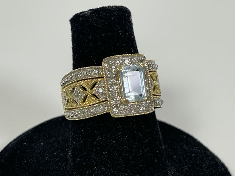 14K Gold Aquamarine Diamond Ring Size 6.75 4.2g [Photo 2]