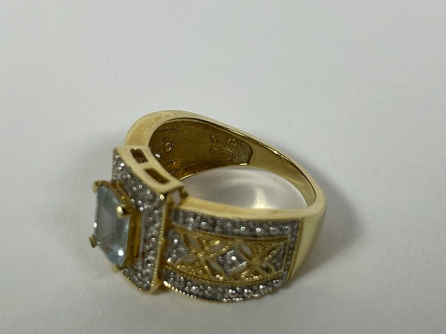 14K Gold Aquamarine Diamond Ring Size 6.75 4.2g [Photo 11]