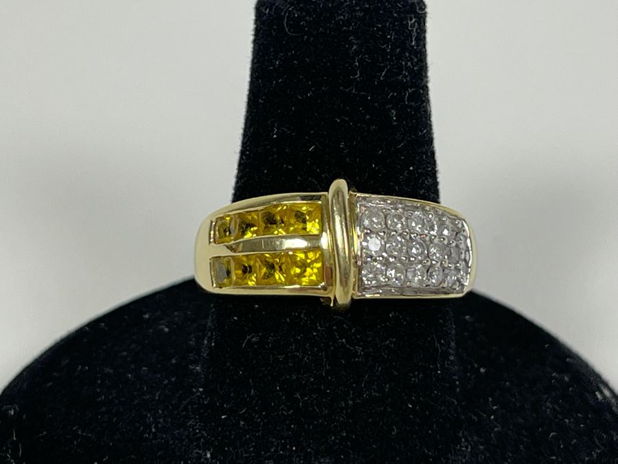 14K Gold Diamond And Yellow Sapphire? Ring Size 7.25 4.7g