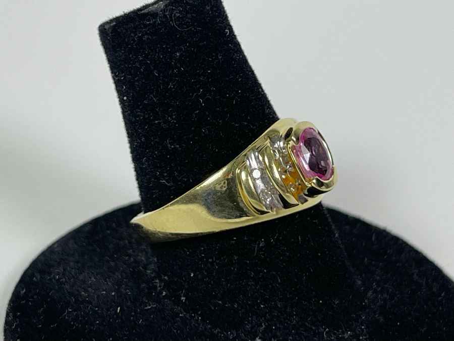 14K Gold Pink Sapphire Diamond Ring Size 7.5 4.8g [Photo 3]