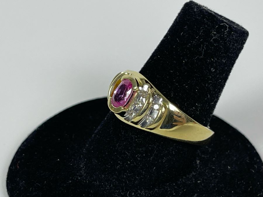 14K Gold Pink Sapphire Diamond Ring Size 7.5 4.8g [Photo 2]