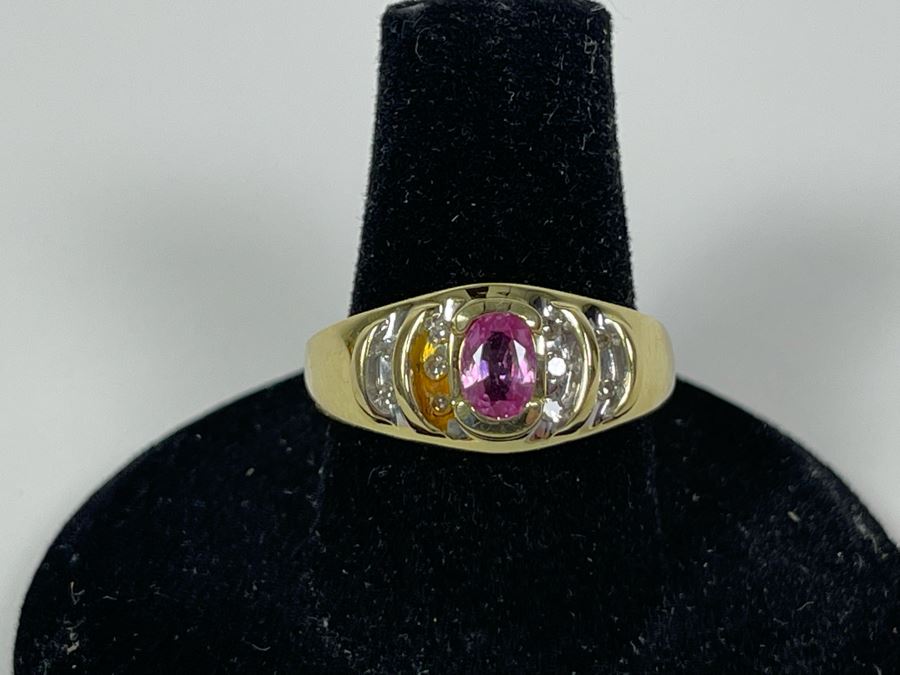 14K Gold Pink Sapphire Diamond Ring Size 7.5 4.8g