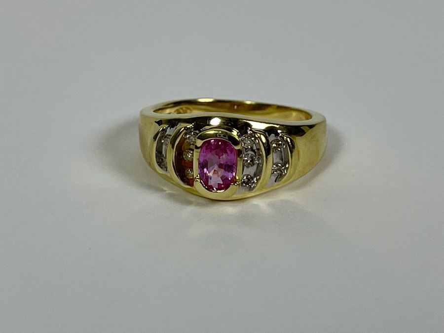14K Gold Pink Sapphire Diamond Ring Size 7.5 4.8g [Photo 6]