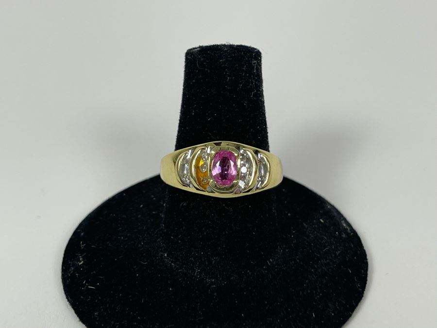 14K Gold Pink Sapphire Diamond Ring Size 7.5 4.8g [Photo 4]
