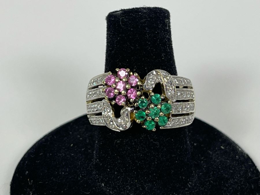 14K Gold Diamond Pink Sapphire Emerald Ring 8.9g Fair Market Value $600 / Retails $1,800