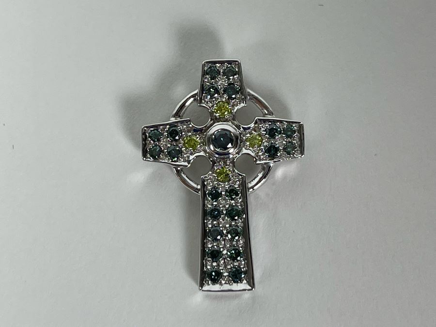 14K Gold Blue And Yellow Diamond Cross Pendant 3g Fair Market Value $200 / Retail $600 [Photo 4]